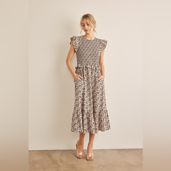 In February Dresses & Skirts - In February Floral Smocked Ruffled Midi Dress